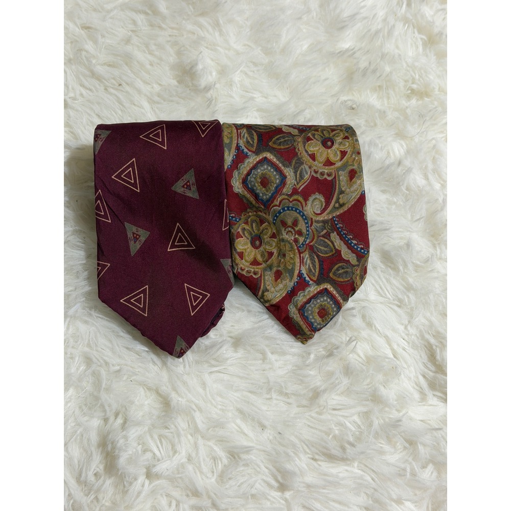 Christian Dior Necktie Mens O/S Burgundy Red Geometric Paisley Silk‎ Lot of 2